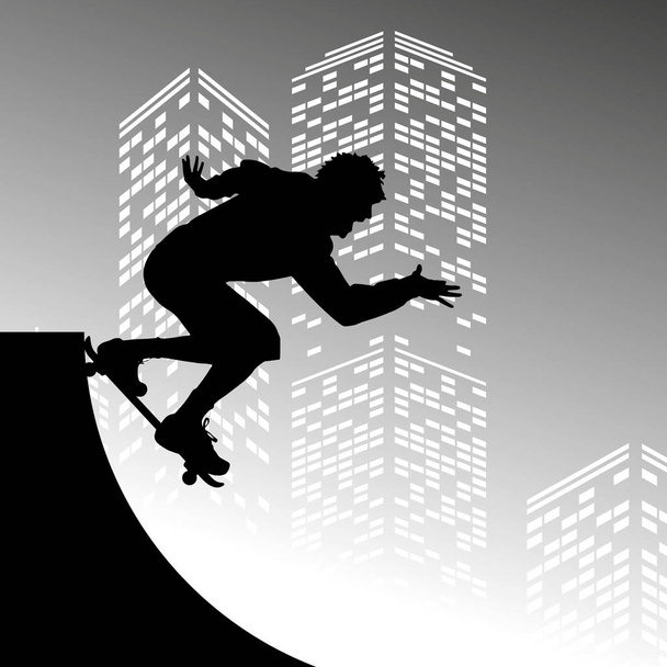 Vector silhouette skateboarder on grey skyscraper background - Vector, Image