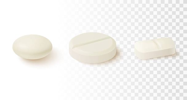 Collection of oval, round and capsule shaped tablets. Realistic vector Medicine and drugs. - Vettoriali, immagini