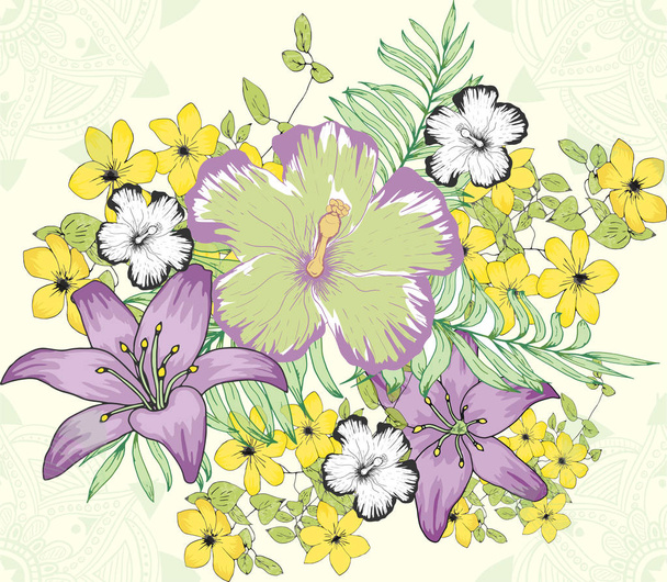 ilustracja ręcznie rysunek tropikalny egzotycznych kwiatów i roślin bezszwowe tło - Wektor, obraz