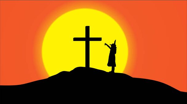 Vector silhouette of a cross on a hill at sunset. - Vector, Image