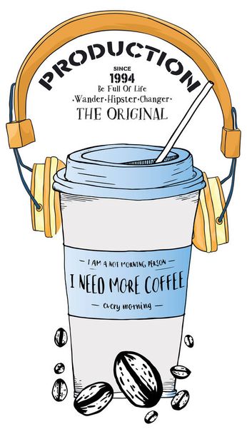 illustration drawing handmade vector headphone and vector coffee cup t shirt graphic - Vector, Image