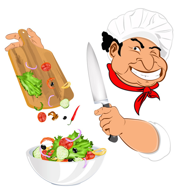 Смешной шеф-повар и свежий овощной салат для вегетарианского гурмана
 - Вектор,изображение