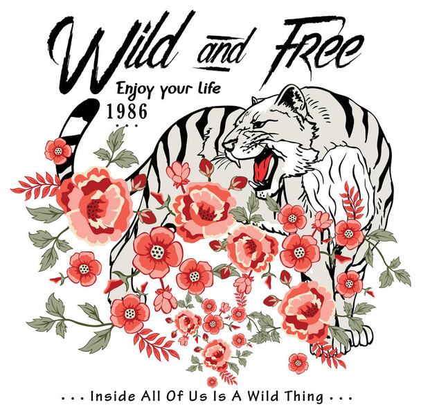 野生のトラと野生の花ベクトル イラストレーション グラフィック t シャツとファブリックのプリント - ベクター画像