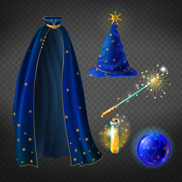 Vector blue wizard costume, set with accessories - Vektor, kép