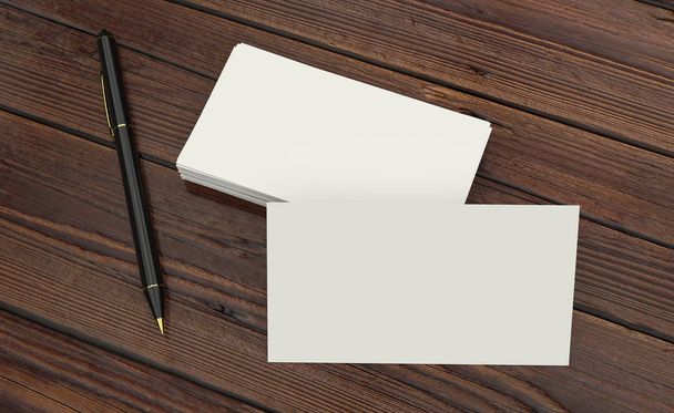 3D render of Blank white Business card presentation of Corporate id with black pen on wooden table - Photo, Image