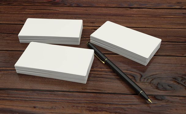 3D render a céges fekete tollal a fából készült asztal üres fehér üzleti kártya bemutatása - Fotó, kép