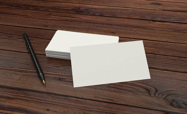 3D render a céges fekete tollal a fából készült asztal üres fehér üzleti kártya bemutatása - Fotó, kép