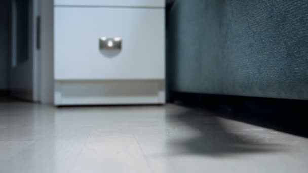 Nahaufnahmen in Zeitlupe zeigen weibliche Hand mit Spritze, die im Schlafzimmer auf den Boden fällt. Konzept der Drogen- und Drogenabhängigkeit - Filmmaterial, Video
