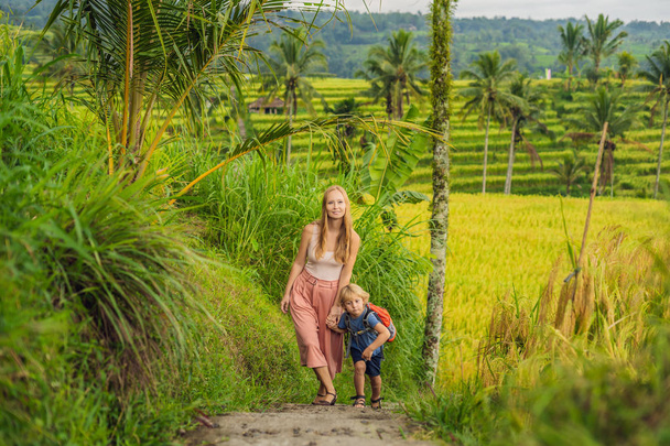 Μαμά και γιος ταξιδιώτες περπάτημα στο Jatiluwih ρύζι βεράντες, Μπαλί, Ινδονησία.  - Φωτογραφία, εικόνα