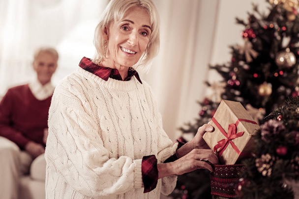 Happy pleasant woman hiding a present and smiling. - Fotografie, Obrázek