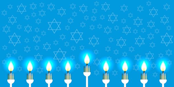 Hanukkah. 2-10 de diciembre. Fiesta Judaica. Nueve velas. Estrella hexagonal de David
. - Vector, imagen