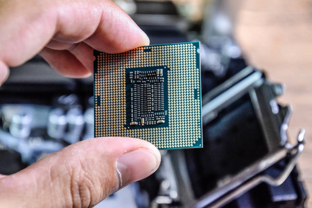 The processor is a desktop computer in hand. Inspect the CPU contacts before installing - 写真・画像