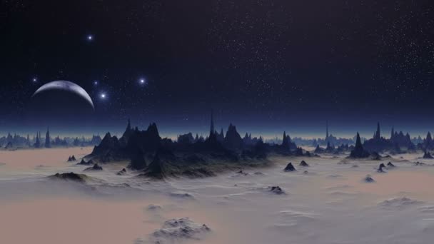 サンセット ライト エイリアンの惑星。暗い星空の大きい青い惑星 (衛星) をゆっくりと夕日に照らされました。濃いピンクの霧の中鋭いピークを持つ暗い岩に立つ.  - 映像、動画