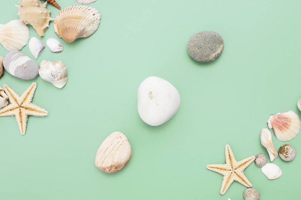 Flat lay. Top view. Frame of shells of various kinds on a green blue background. Seashells and starfish on a pastel background. Vacation concept - Photo, image