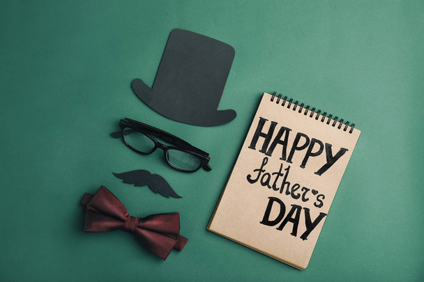 Flat lay composition with bow tie and paper decor on color background. Happy Father's Day - Φωτογραφία, εικόνα