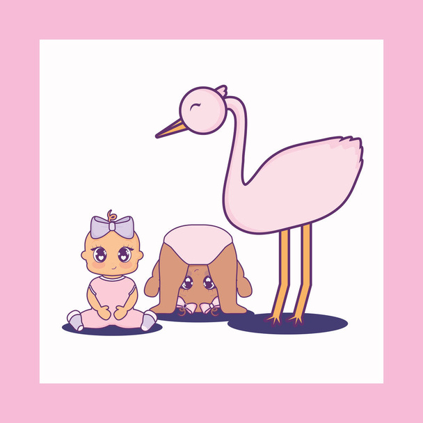 baby shower card with little girls and stork - Vector, afbeelding