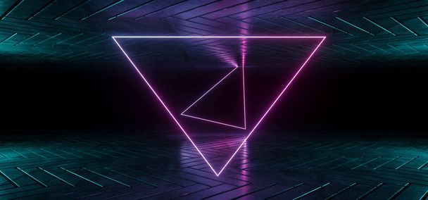 Futuristische Sci-Fi reflecterende donkere kamer behang met paars en blauw kleurverloop gloeiende Neon buis Shape driehoek In Midden 3d Rendering van illustratie - Foto, afbeelding