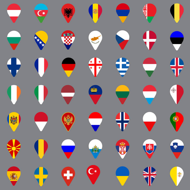 Sada ikon geolocation, čtyřicet devět. Vlajky všech evropských zemí v podobě ikon geolocation. Geotag ikony pro design webových stránek, logo, uživatelské rozhraní aplikace. Vektorové ilustrace Eps10. - Vektor, obrázek