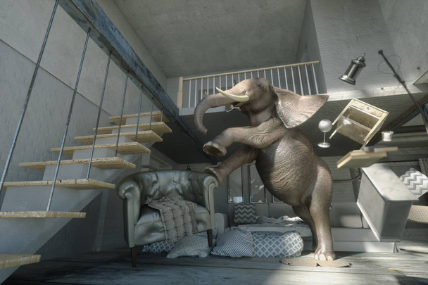 Ilustração 3D de um elefante calma em um interior. conceito
 - Foto, Imagem