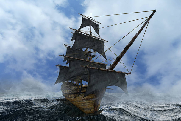 pirate ship sailing on the sea, 3D render - Photo, Image