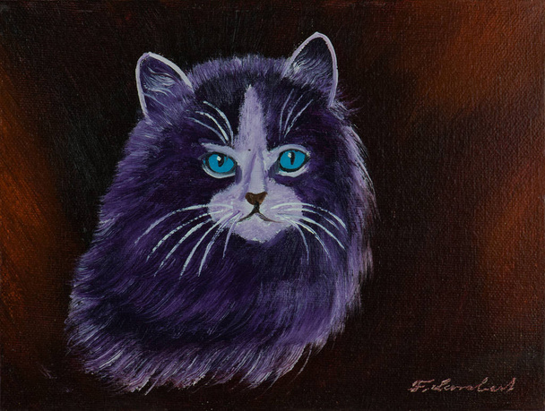 Peinture à l'huile d'un chat Angora avec fourrure violette devant fond brun - Photo, image