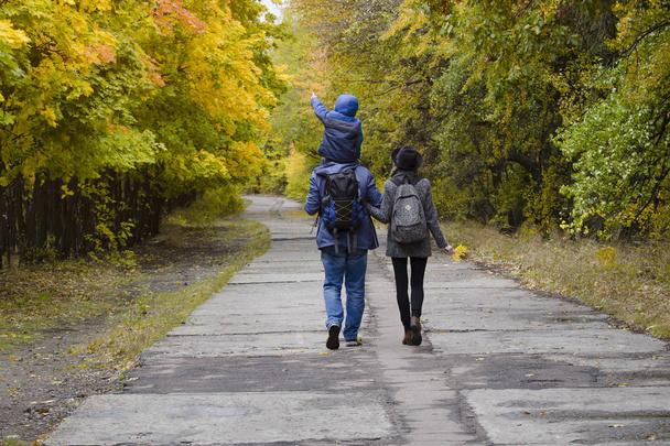 Família com filho estão andando no parque de outono. Visão traseira
 - Foto, Imagem