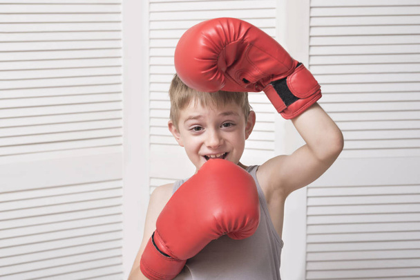 Смішний хлопчик в рукавичках з червоного боксу. Спортивна концепція
 - Фото, зображення