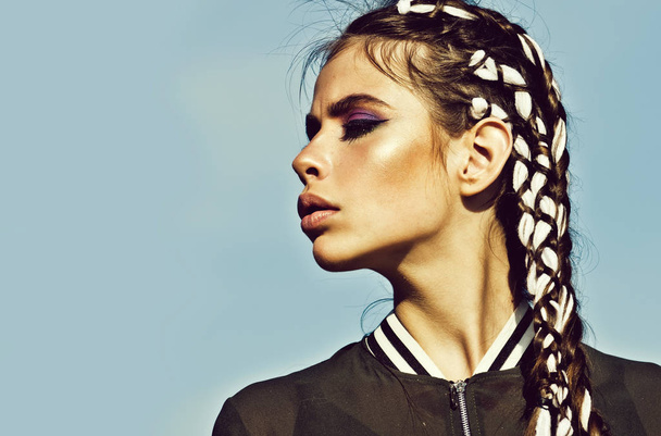 girl with adorable face, makeup and stylish braids - Foto, Bild