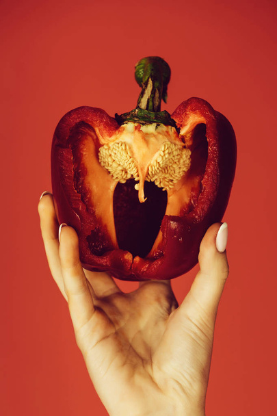 bell pepper in hand of woman hold sweet paprika, heart - Zdjęcie, obraz