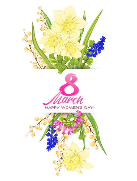 Bouquet of spring flowers for 8 March. Colorful realistic vector illustration. Isolated on white background. - Vector, Imagen