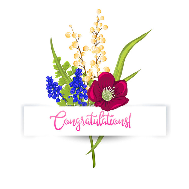 Greeting card with a bouquet of spring flowers - Vector, Image