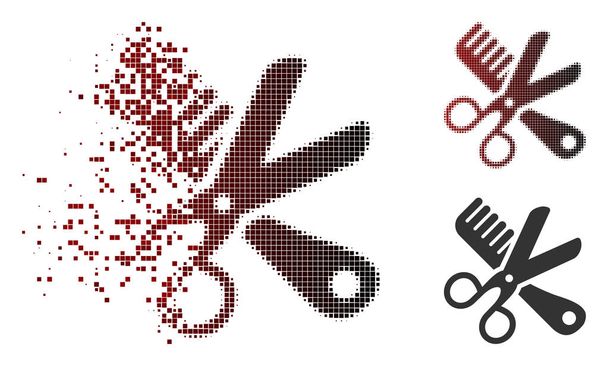 Fragmentované Dot polotónů hřeben a ikona nástroje nůžky - Vektor, obrázek