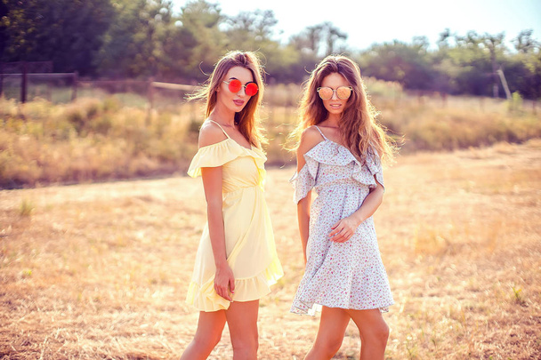two pretty girlfriends in summer dresses - Photo, Image