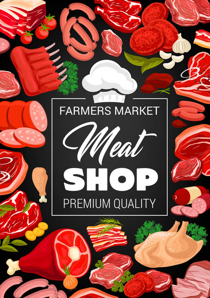 Постер м'ясного магазину з сирим м'ясом та ковбасками
 - Вектор, зображення