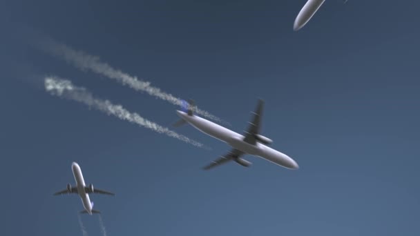 Vliegende vliegtuigen onthullen Essen bijschrift. Reizen naar Duitsland conceptuele intro animatie - Video