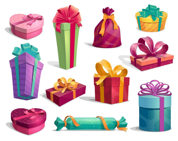 Cajas de regalo con arcos y cintas iconos de vacaciones
 - Vector, imagen