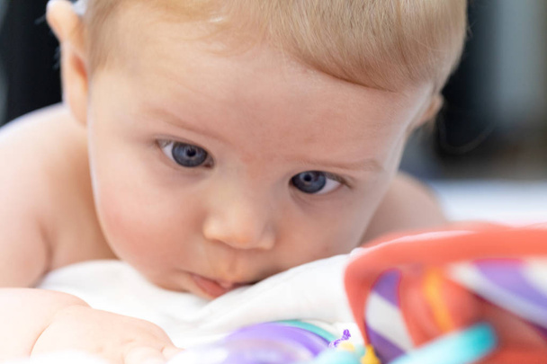 Söpö pieni vauva, jolla on suuret siniset silmät makaamassa vatsasängyllä katselemassa värikkäitä muovisia opetusleluja.
 - Valokuva, kuva