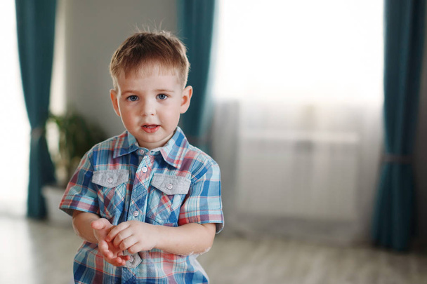 Jovem menino loiro bonito em camisa xadrez sorrindo interior. O conceito de um estilo de vida saudável e juventude
 - Foto, Imagem