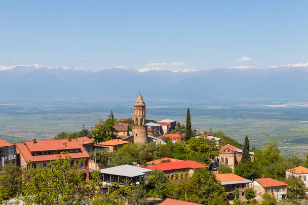 View on the Sighnaghi town and Caucasian mountains in Kakheti region, Georgia - Photo, Image