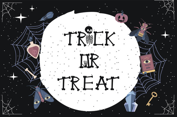 Happy Halloween party poster with mystical elements. Invitation or greeting card. Editable vector illustration - ベクター画像