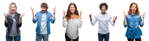 Collage de grupo de árabes, indios, afroamericanos sobre un fondo aislado celebrando locos y locos por el éxito con los brazos levantados y los ojos cerrados gritando emocionados. Concepto ganador
 - Foto, imagen