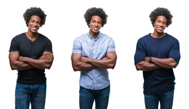 Collage eines afrikanisch-amerikanischen jungen gutaussehenden Mannes vor isoliertem Hintergrund, der mit verschränkten Armen in die Kamera lächelt. positive Person. - Foto, Bild