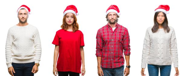 Collage of group of people wearing christmas hat over isolated background with serious expression on face. Simple and natural looking at the camera. - Fotó, kép