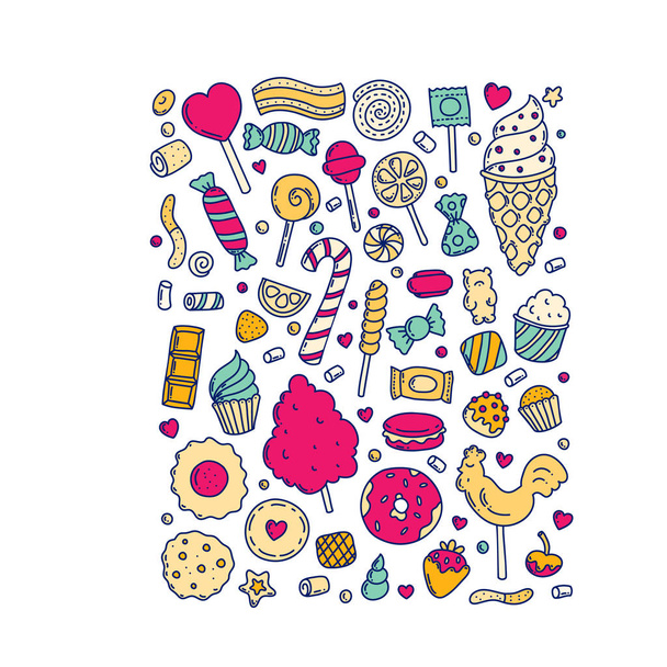Enorme ensemble de bonbons et de bonbons sous forme de doodle de dessin animé
.  - Vecteur, image