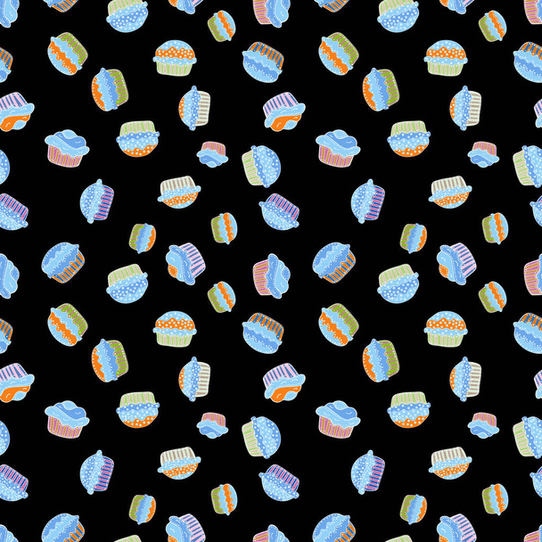 Inpakpapier. Heldere verjaardag patroon op zwart, blauw en neutrale. Aquarel naadloze patroon met cupcakes. Vector. - Vector, afbeelding