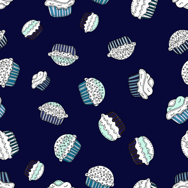 Vector illustration. Nice birthday background on black, neutral and white. Wrapping paper. Seamless pattern with cakes. - Vektori, kuva