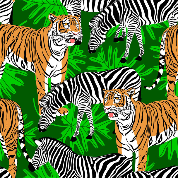 Tigre e zebra modello senza soluzione di continuità con congedo. Struttura di sfondo animali selvatici. Illustrazione
. - Vettoriali, immagini