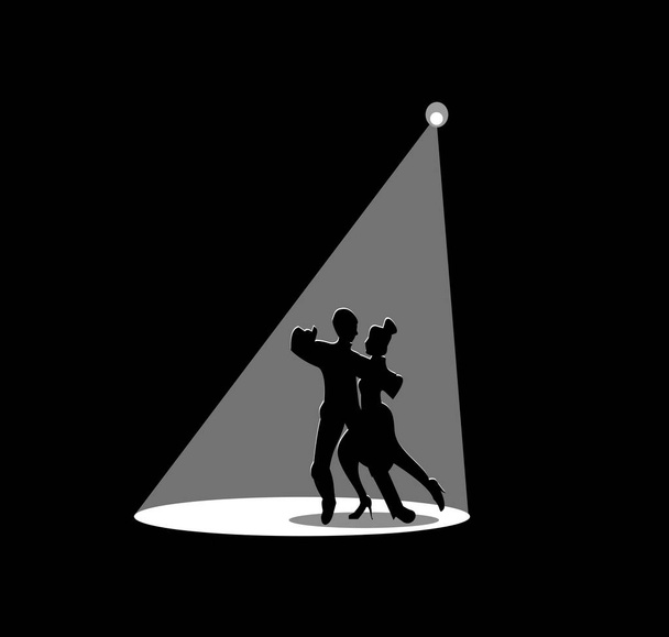 Siyah bir adam bir kadınla dans silueti beyaz spot ışık parlar  - Vektör, Görsel
