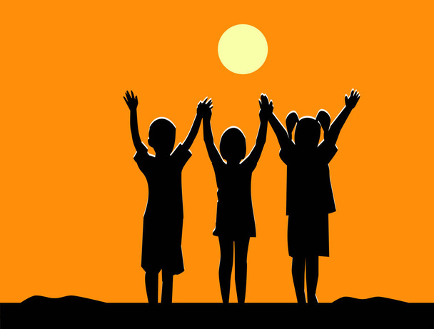 日没の友好チームで 3 人の子供の友情のシルエットが手を振る - ベクター画像