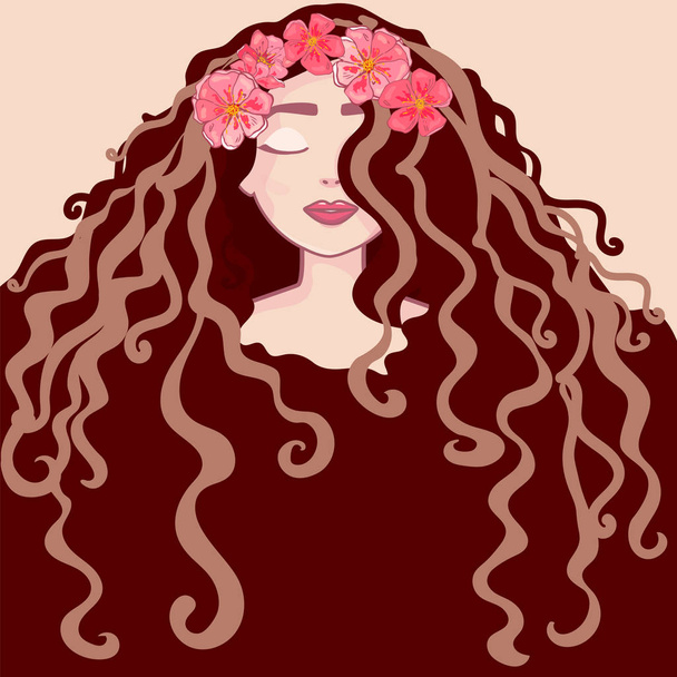 Красива молода дівчина Портрет з вінок з квітами. довге волосся, кучеряве волосся салон зачіски і трендова зачіска вектор ізольовані на білому тлі
. - Вектор, зображення